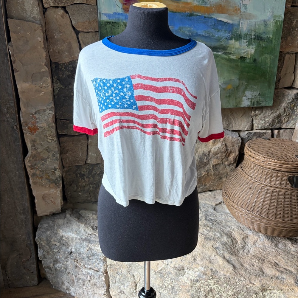Y2K American Flag Graphic Ringer Tee Made USA Patriotic Fourth of July Top L